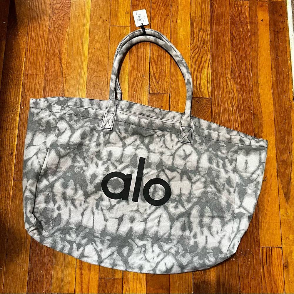 Alo Gray Tie Dye Oversized 100% Cotton Canvas Gym Yoga Travel Tote Bag - Picture 2 of 6